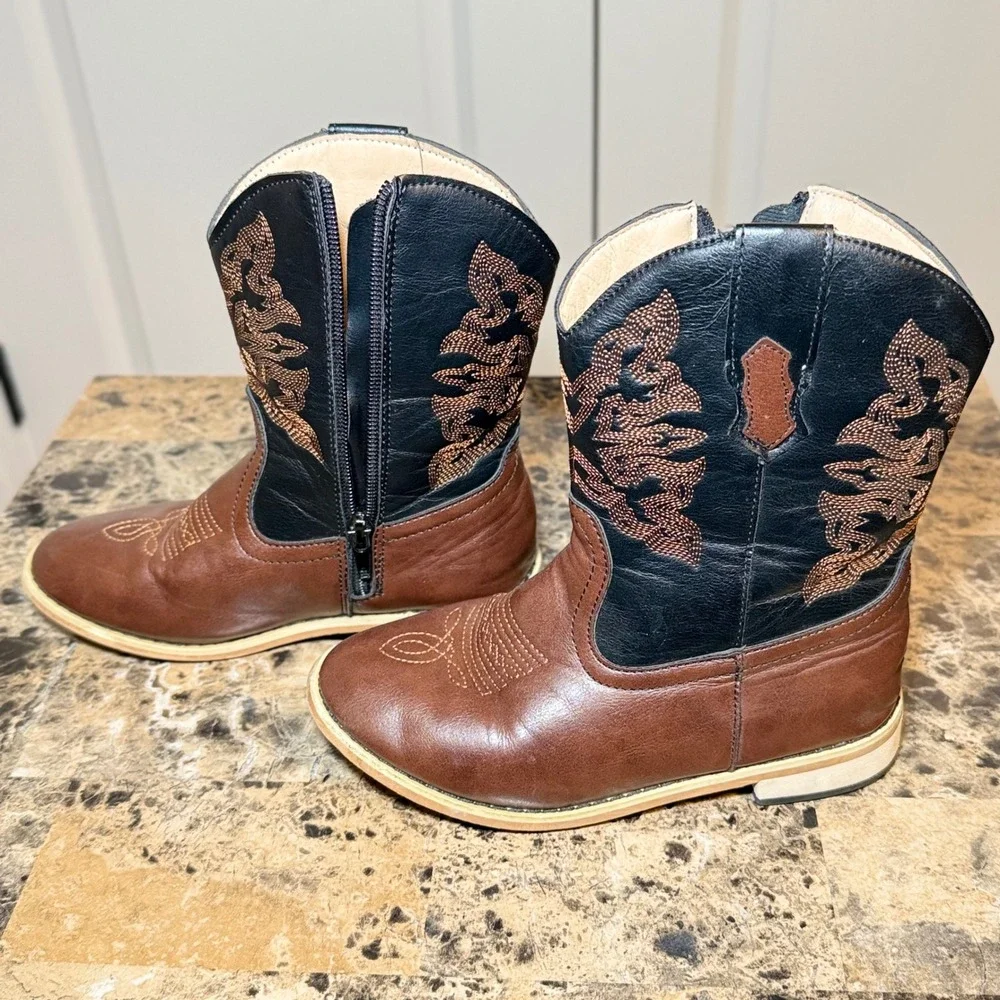 Norty Kids Brown Black Western Cowboy Boots Size 13 Embroidered Side Zip